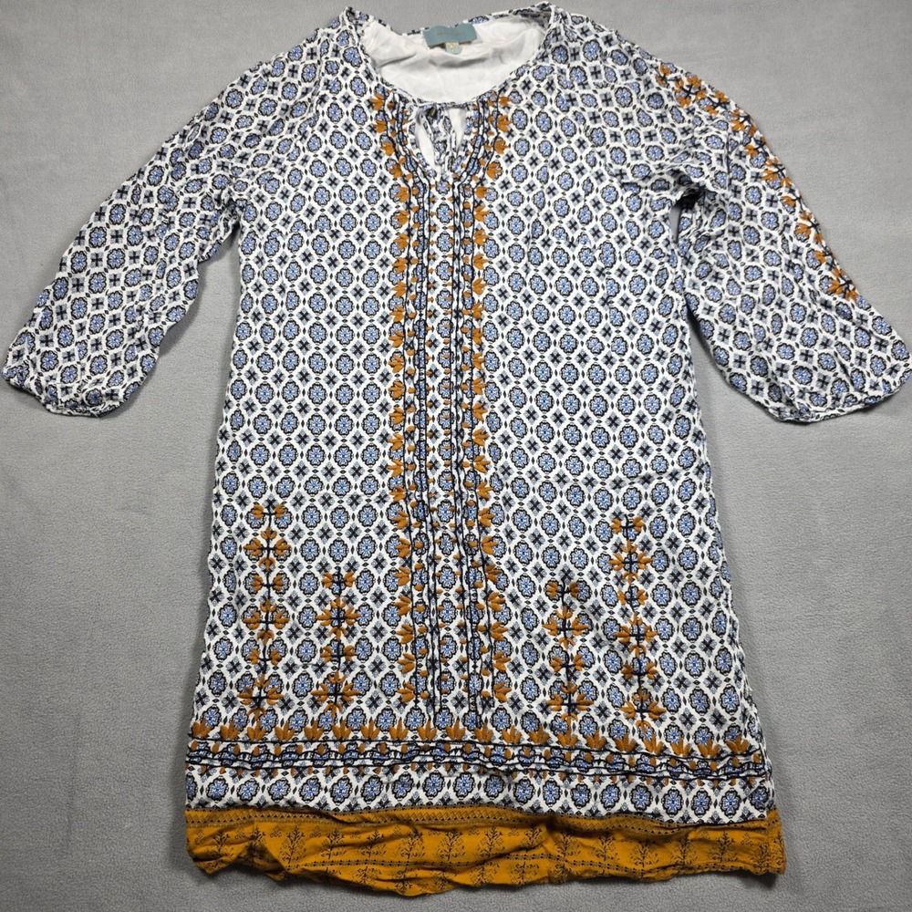 Skies Are Blue Dress Womens Medium Blue White Mustard Boho Embroidered Tunic